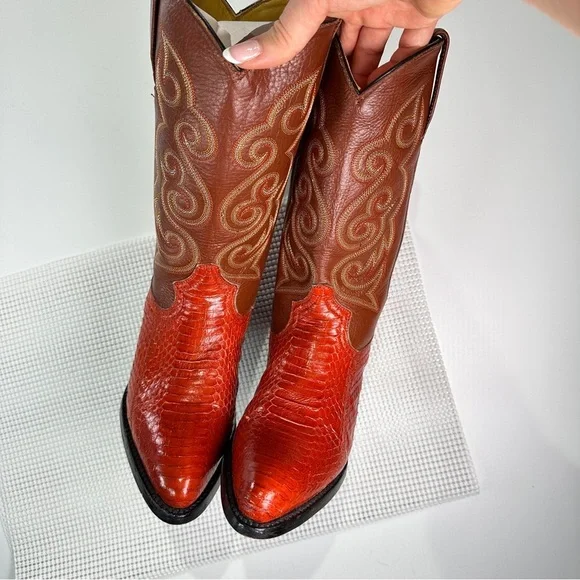 African Boot Co Python Leather Cowboy Boots Mens 6.5 Brown Western - Picture 4 of 14
